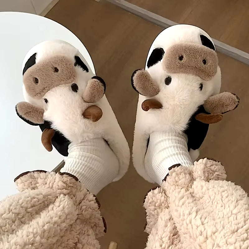 Women'S Cartoon Cute Cow House Slippers Warm plus Lined Closed Toe Fuzzy Home Slides Women'S Fluffy Comfy Shoes Winter Autumn