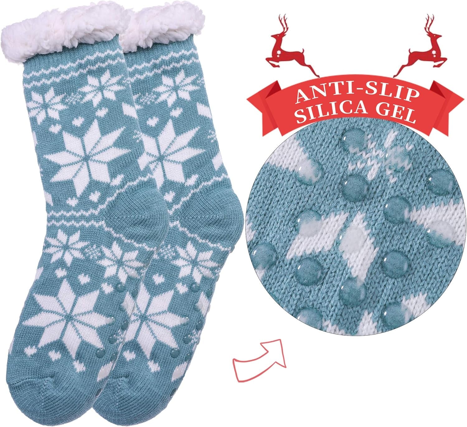 Women'S Winter Super Soft Warm Cozy Fuzzy Snowflake Deer Fleece-Lined with Grippers Slipper Socks