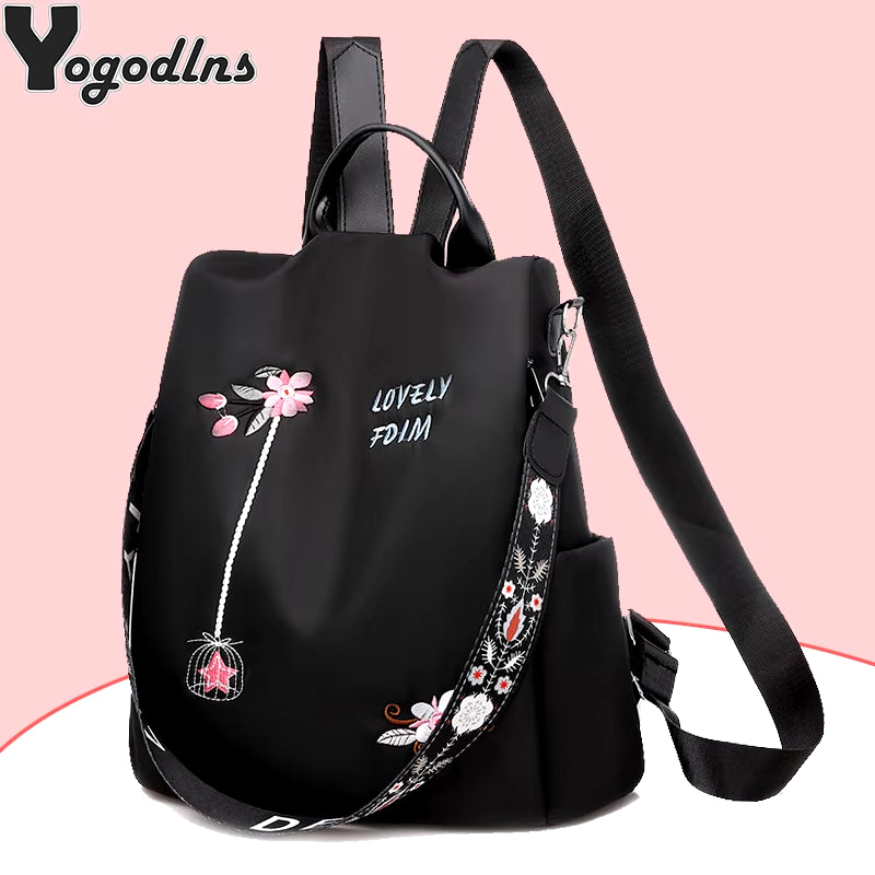 Waterproof Oxford Women Backpack Fashion Anti-Theft School Bag Embroidery Designer Female Large Capacity Travel Shoulder Handbag